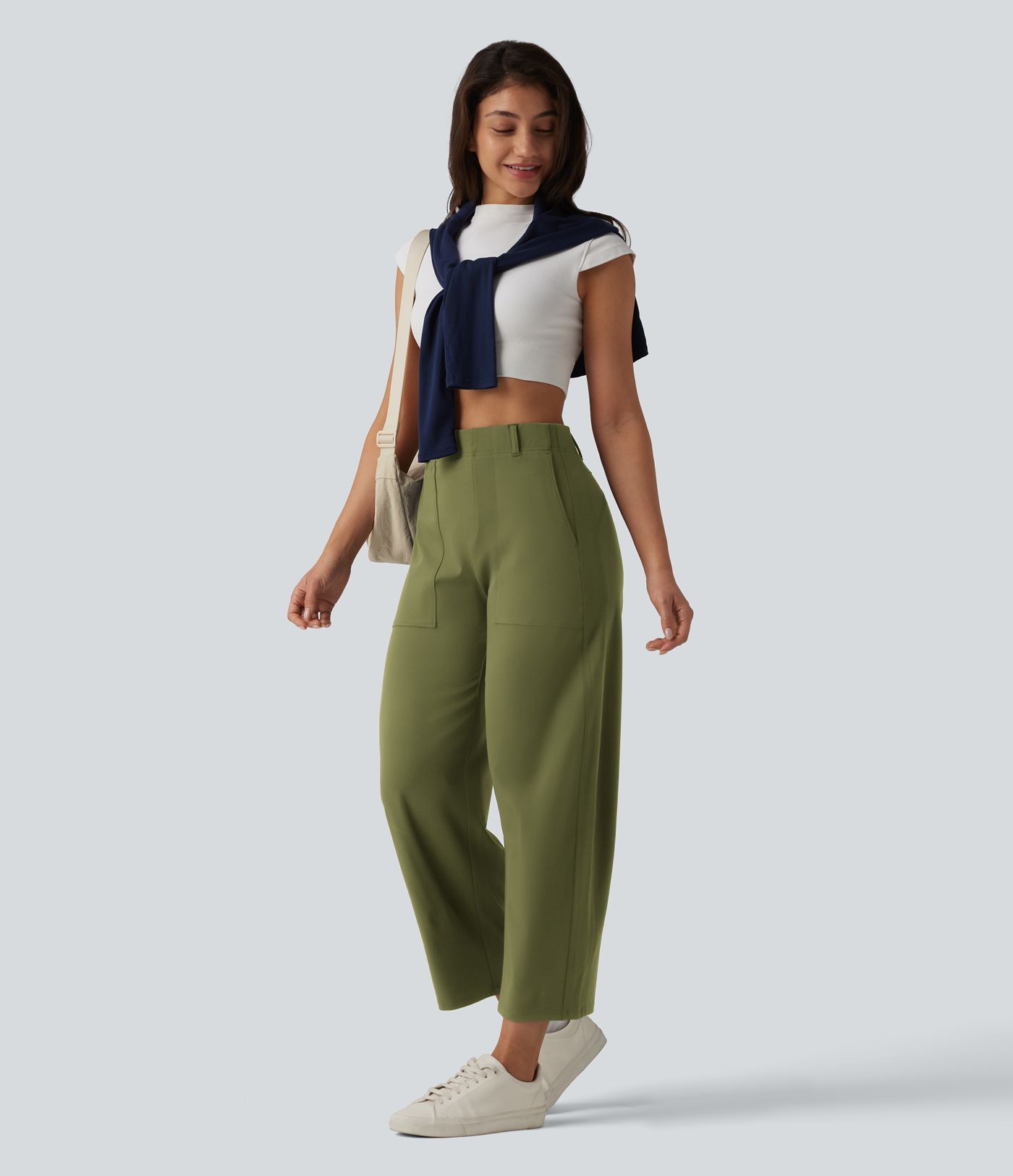 DayStretch High Waisted Barrel Leg Casual Trousers with Pockets