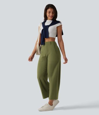 DayStretch High Waisted Barrel Leg Casual Trousers with Pockets