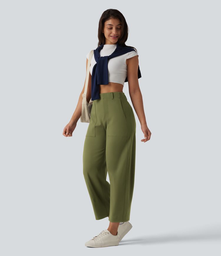 DayStretch High Waisted Barrel Leg Casual Trousers with Pockets