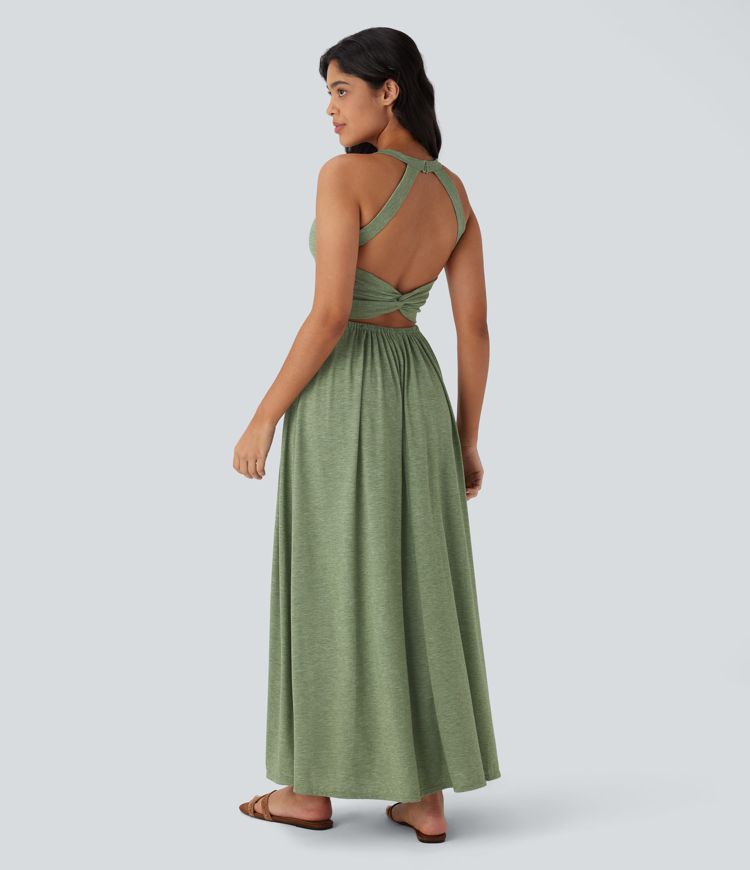 Rückenfreies, gedrehtes Urlaubs-Maxikleid mit Seitentaschen und Schlitz Rückenfreies, gedrehtes Urlaubs-Maxikleid mit Seitentaschen und Schlitz