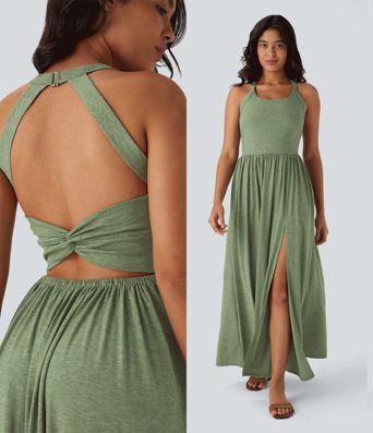 Rückenfreies, gedrehtes Urlaubs-Maxikleid mit Seitentaschen und Schlitz Rückenfreies, gedrehtes Urlaubs-Maxikleid mit Seitentaschen und Schlitz
