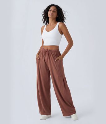 Mid Rise Elastic Waistband Drawstring Pocket Palazzo Flowy Wide Leg Baggy Casual Pants