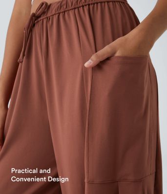 Mid Rise Elastic Waistband Drawstring Pocket Palazzo Flowy Wide Leg Baggy Casual Pants