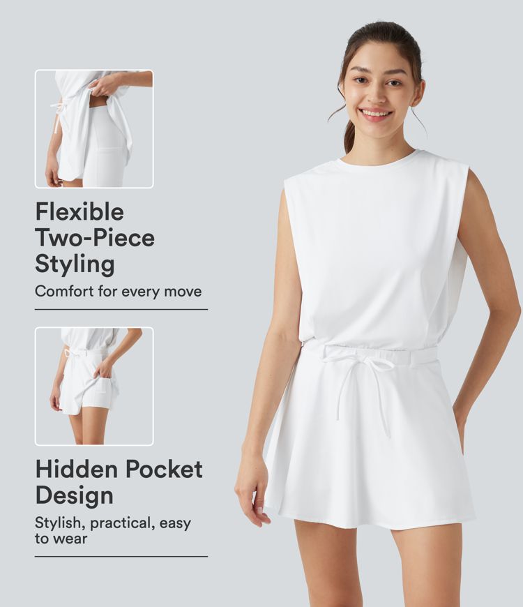 SoftlyZero™ Airy Round Neck Sleeveless Drawstring InstantCool 2-Piece Mini Workout Active Dress with Pockets-UPF50+ SoftlyZero™ Airy Round Neck Sleeveless Drawstring InstantCool 2-Piece Mini Workout Active Dress with Pockets-UPF50+