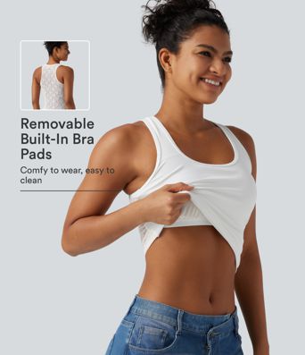 SoftlyZero™ Airy U Neck Built-in Bra Contrast Lace Cut Out Cool Touch Casual Tank Top