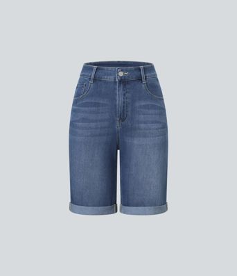 Halara Flex™ High Waisted Pockets Rolled Hem Washed Denim Casual Bermuda Shorts