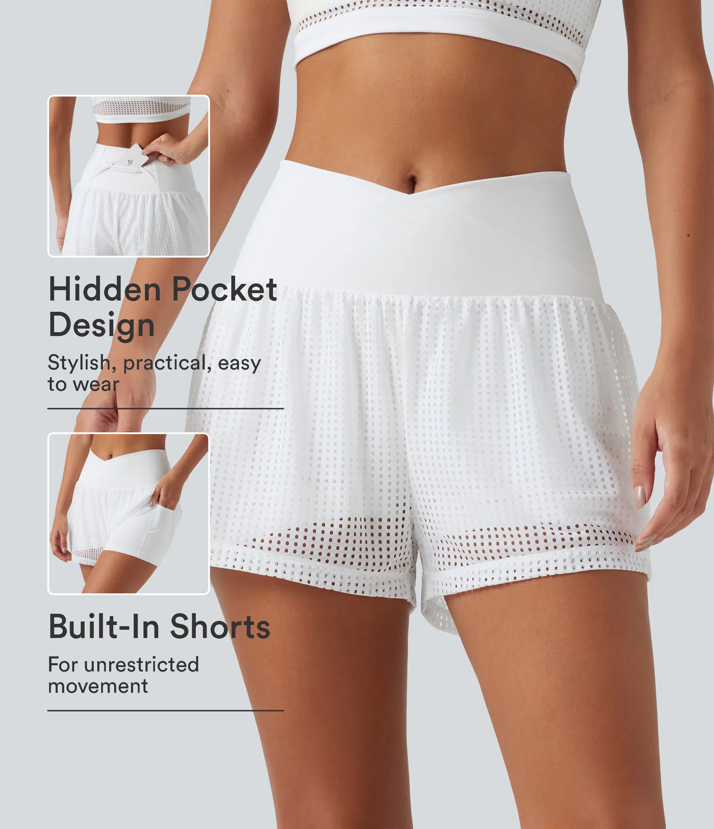 SoftlyZero™ QuickDry Crossover High Waisted 2-in-1 Eyelet Yoga Shorts 3'' with Pockets