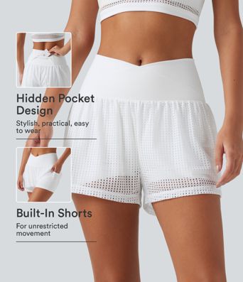 SoftlyZero™ QuickDry Shorts de yoga 2 en 1 con cintura alta cruzada, en tejido eyelet, 3'' con bolsillos