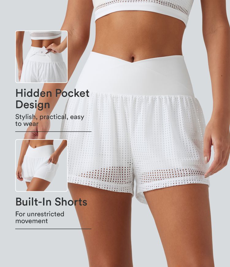 SoftlyZero™ QuickDry Shorts de yoga 2 en 1 con cintura alta cruzada, en tejido eyelet, 3'' con bolsillos