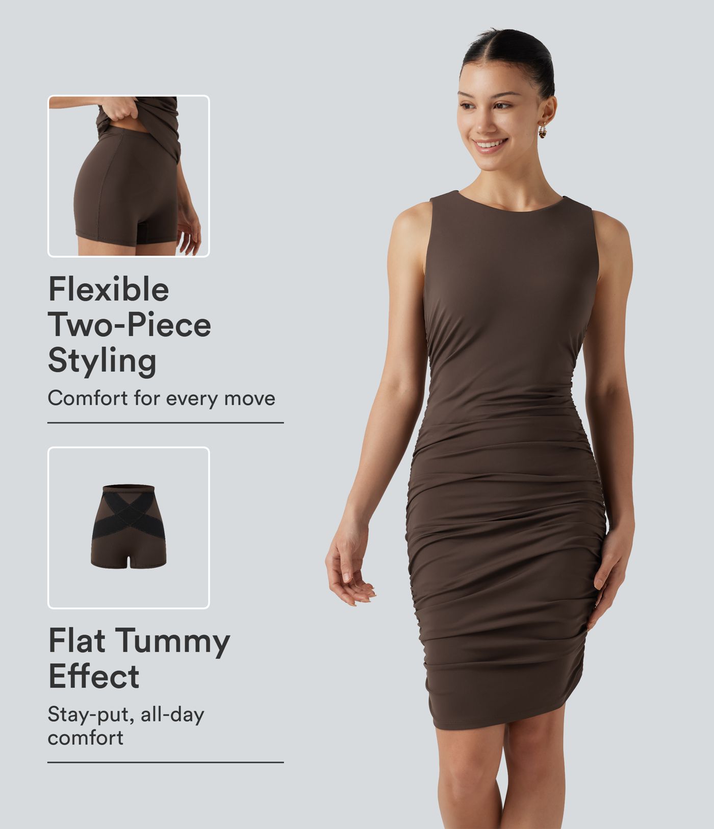 SoftlyZero™ Airy Round Neck Sleeveless Ruched Built-in Bra 2-Piece Cool Touch Casual Bodycon Dress with Tummy Control Shorts SoftlyZero™ Airy Round Neck Sleeveless Ruched Built-in Bra 2-Piece Cool Touch Casual Bodycon Dress with Tummy Control Shorts