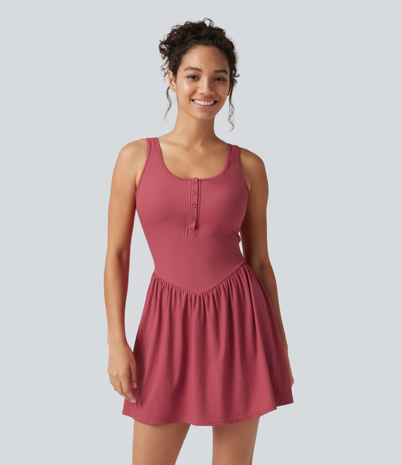 Ribbed Henley Neck Built-in Bra 2-in-1 Mini Tennis Active Tank Dress with Pockets-Easy Peezy Edition Ribbed Henley Neck Built-in Bra 2-in-1 Mini Tennis Active Tank Dress with Pockets-Easy Peezy Edition