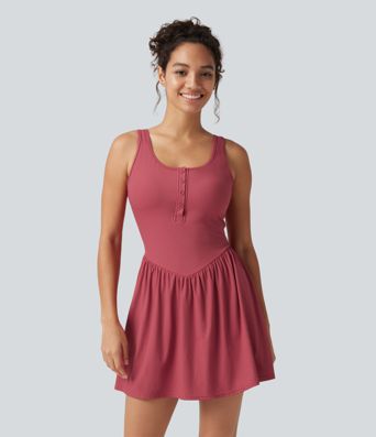 Ribbed Henley Neck Built-in Bra 2-in-1 Mini Tennis Active Tank Dress with Pockets-Easy Peezy Edition Ribbed Henley Neck Built-in Bra 2-in-1 Mini Tennis Active Tank Dress with Pockets-Easy Peezy Edition