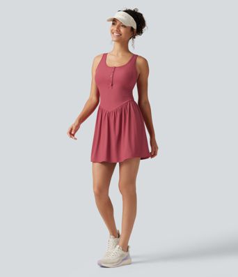 Ribbed Henley Neck Built-in Bra 2-in-1 Mini Tennis Active Tank Dress with Pockets-Easy Peezy Edition
