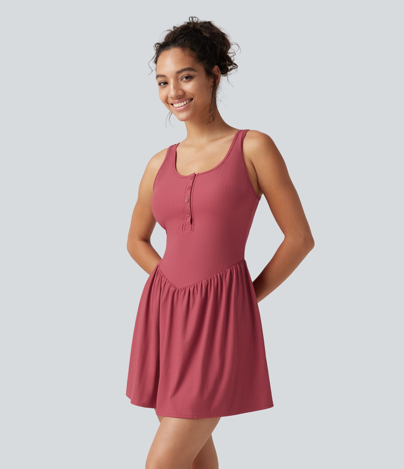 Ribbed Henley Neck Built-in Bra 2-in-1 Mini Tennis Active Tank Dress with Pockets-Easy Peezy Edition