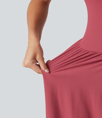 Ribbed Henley Neck Built-in Bra 2-in-1 Mini Tennis Active Tank Dress with Pockets-Easy Peezy Edition
