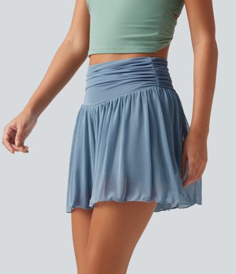High Waisted Ruched Tummy Control Contrast Mesh 2-in-1 Casual Shorts 3" with Pockets