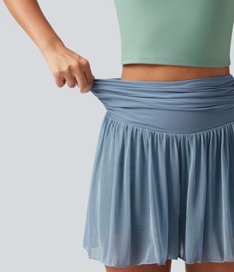 High Waisted Ruched Tummy Control Contrast Mesh 2-in-1 Casual Shorts 3" with Pockets High Waisted Ruched Tummy Control Contrast Mesh 2-in-1 Casual Shorts 3" with Pockets