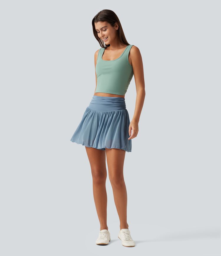 High Waisted Ruched Tummy Control Contrast Mesh 2-in-1 Casual Shorts 3" with Pockets High Waisted Ruched Tummy Control Contrast Mesh 2-in-1 Casual Shorts 3" with Pockets