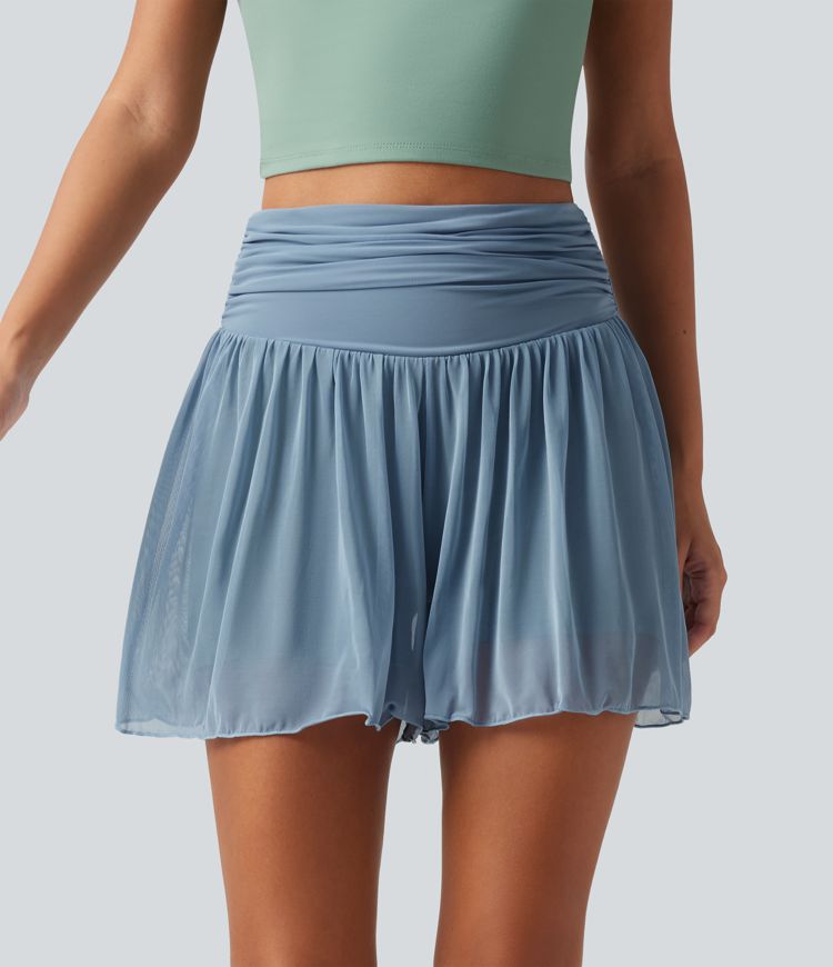 High Waisted Ruched Tummy Control Contrast Mesh 2-in-1 Casual Shorts 3" with Pockets High Waisted Ruched Tummy Control Contrast Mesh 2-in-1 Casual Shorts 3" with Pockets