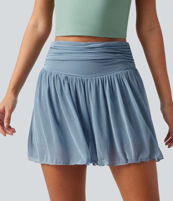 High Waisted Ruched Tummy Control Contrast Mesh 2-in-1 Casual Shorts 3" with Pockets High Waisted Ruched Tummy Control Contrast Mesh 2-in-1 Casual Shorts 3" with Pockets