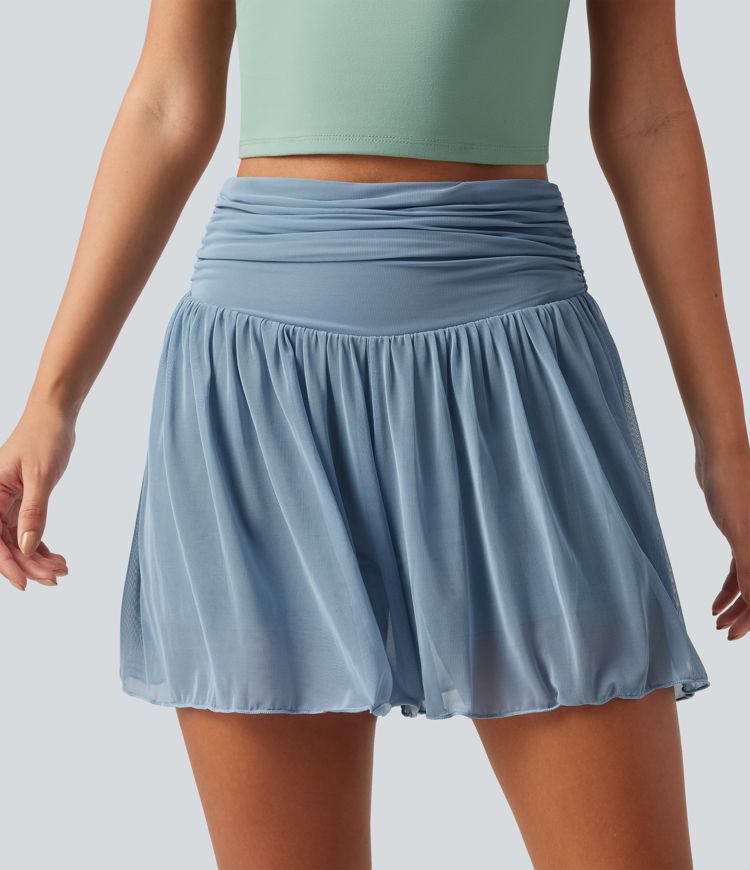 High Waisted Ruched Tummy Control Contrast Mesh 2-in-1 Casual Shorts 3" with Pockets High Waisted Ruched Tummy Control Contrast Mesh 2-in-1 Casual Shorts 3" with Pockets