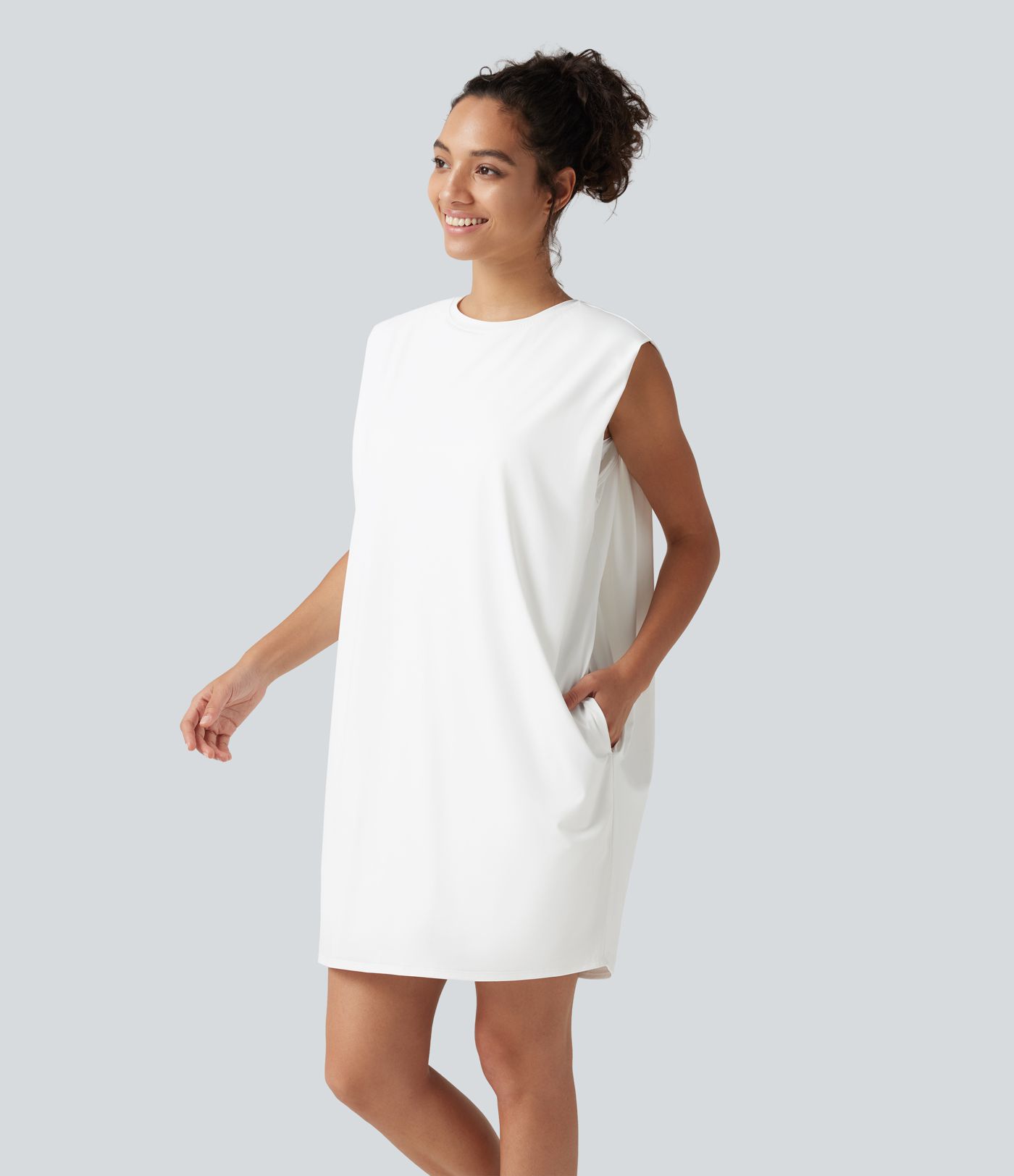 Round Neck Sleeveless Built-in Bra Cool Touch Mini Yoga Active Dress with Pockets-UPF50+