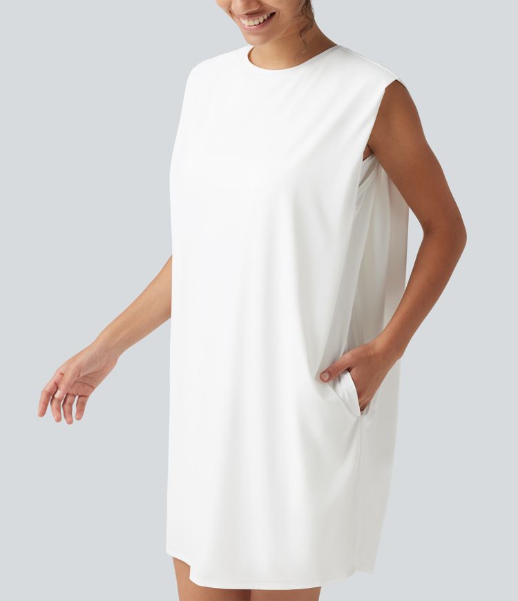 Round Neck Sleeveless Built-in Bra Cool Touch Mini Yoga Active Dress with Pockets-UPF50+