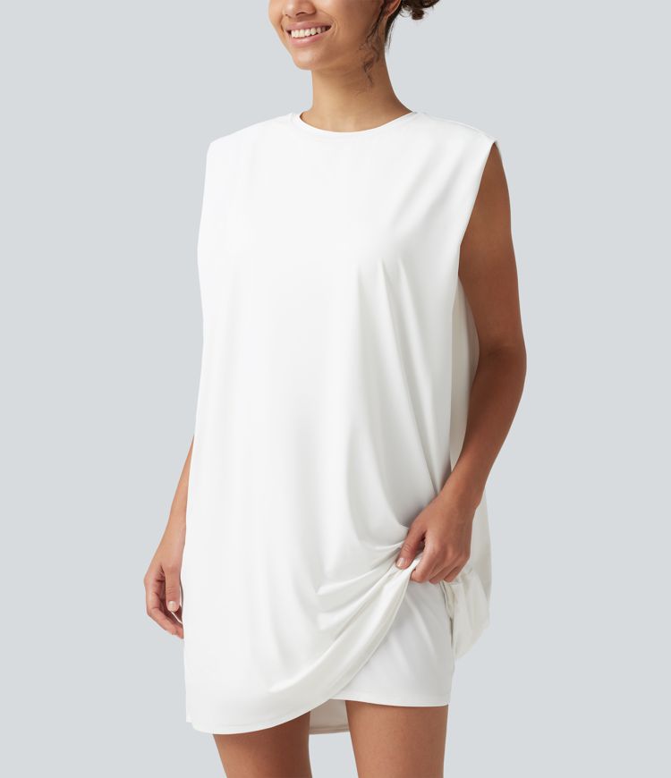 Round Neck Sleeveless Built-in Bra Cool Touch Mini Yoga Active Dress with Pockets-UPF50+