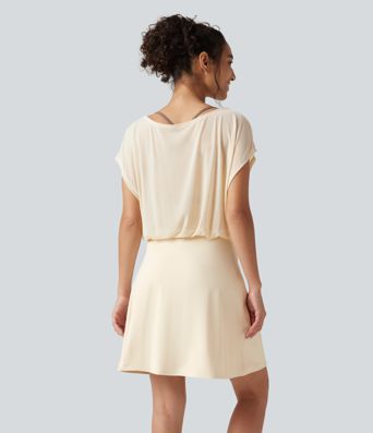 SoftlyZero™ Plush Boat Neck Short Sleeve 2-in-1 Mini Yoga Active Dress with Pockets-Easy Peezy Edition SoftlyZero™ Plush Boat Neck Short Sleeve 2-in-1 Mini Yoga Active Dress with Pockets-Easy Peezy Edition