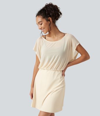 SoftlyZero™ Plush Boat Neck Short Sleeve 2-in-1 Mini Yoga Active Dress with Pockets-Easy Peezy Edition SoftlyZero™ Plush Boat Neck Short Sleeve 2-in-1 Mini Yoga Active Dress with Pockets-Easy Peezy Edition