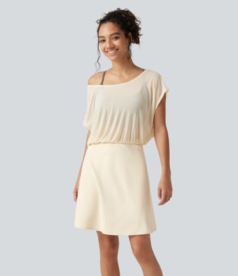 SoftlyZero™ Plush Boat Neck Short Sleeve 2-in-1 Mini Yoga Active Dress with Pockets-Easy Peezy Edition SoftlyZero™ Plush Boat Neck Short Sleeve 2-in-1 Mini Yoga Active Dress with Pockets-Easy Peezy Edition