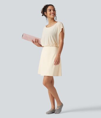 SoftlyZero™ Plush Boat Neck Short Sleeve 2-in-1 Mini Yoga Active Dress with Pockets-Easy Peezy Edition SoftlyZero™ Plush Boat Neck Short Sleeve 2-in-1 Mini Yoga Active Dress with Pockets-Easy Peezy Edition