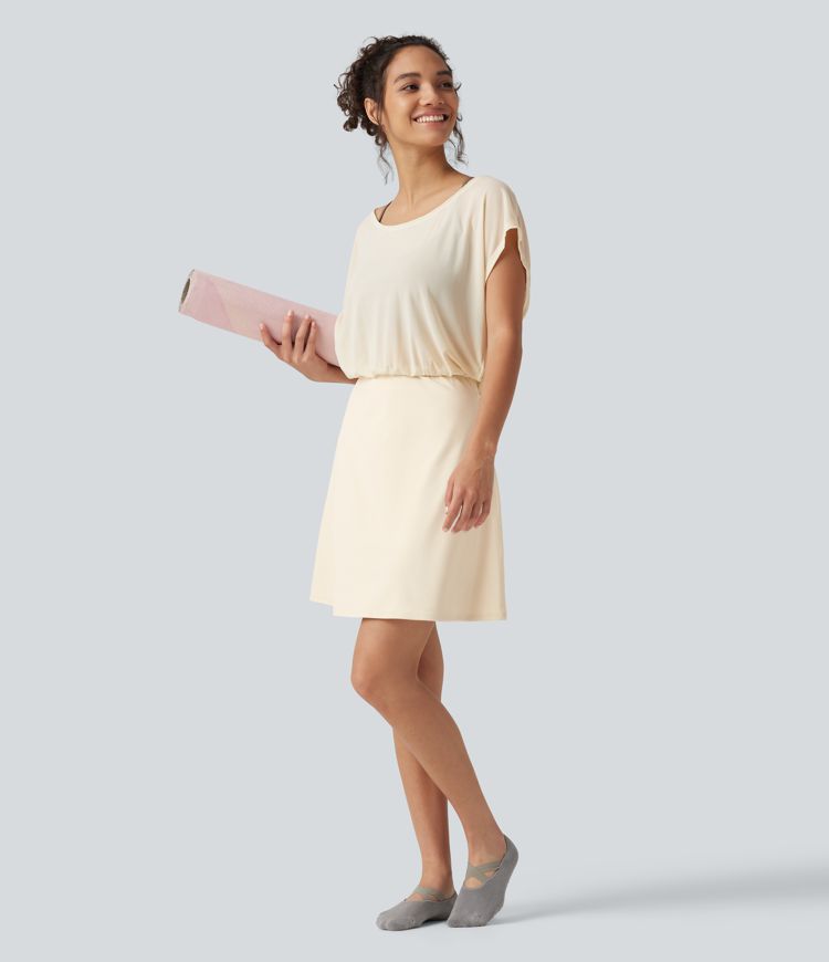 SoftlyZero™ Plush Boat Neck Short Sleeve 2-in-1 Mini Yoga Active Dress with Pockets-Easy Peezy Edition SoftlyZero™ Plush Boat Neck Short Sleeve 2-in-1 Mini Yoga Active Dress with Pockets-Easy Peezy Edition
