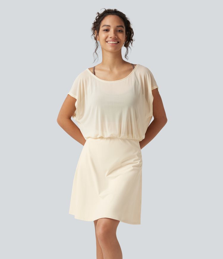 Softlyzero™ Plush - 2-in-1 Yoga-Minikleid mit U-Boot-Ausschnitt, Seitentaschen und kurzen Ärmeln - Easy Peezy Edition