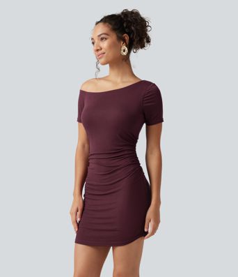 Ribbed One Shoulder Built-in Bra Short Sleeve Bodycon 2-in-1 Mini Casual Dress with Pockets-Easy Peezy Edition B-D Cups