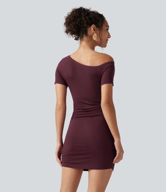 Ribbed One Shoulder Built-in Bra Short Sleeve Bodycon 2-in-1 Mini Casual Dress with Pockets-Easy Peezy Edition B-D Cups