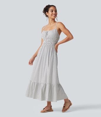 Tie Front Polka Dot Flowy Midi Casual Slip Dress Tie Front Polka Dot Flowy Midi Casual Slip Dress