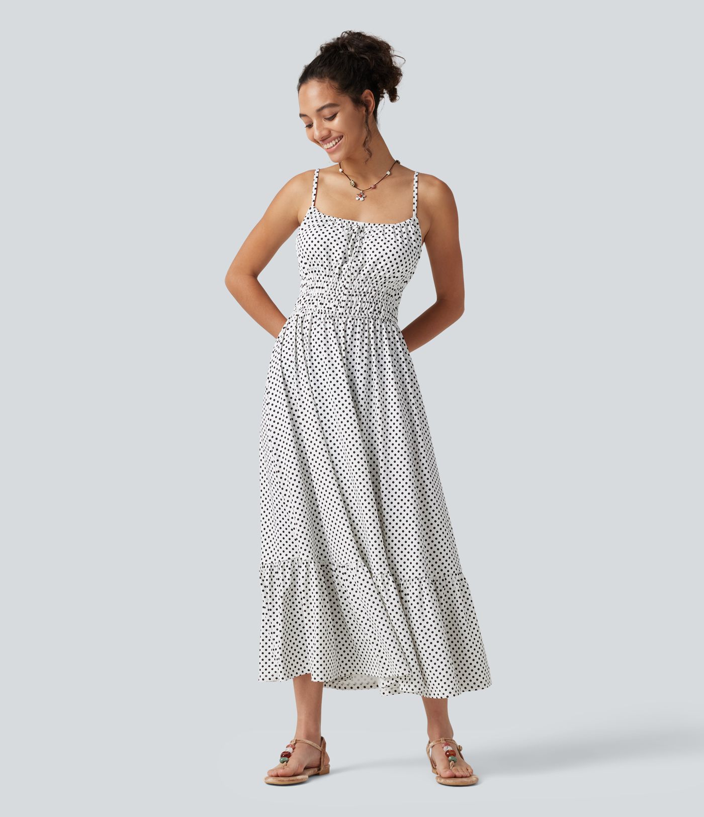 Tie Front Polka Dot Flowy Midi Casual Slip Dress Tie Front Polka Dot Flowy Midi Casual Slip Dress