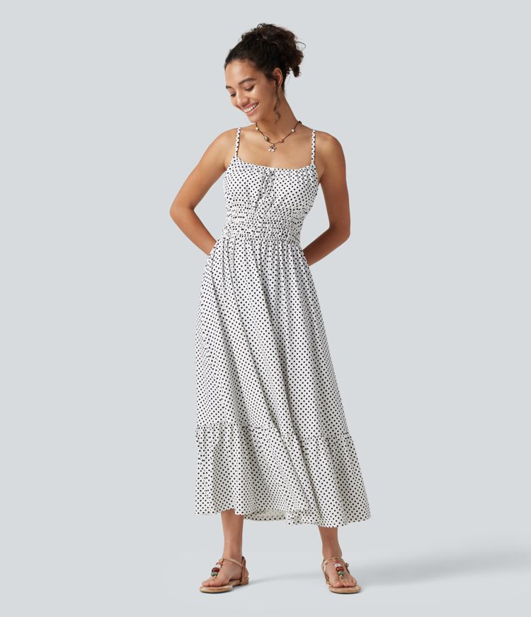 Tie Front Polka Dot Flowy Midi Casual Slip Dress Tie Front Polka Dot Flowy Midi Casual Slip Dress