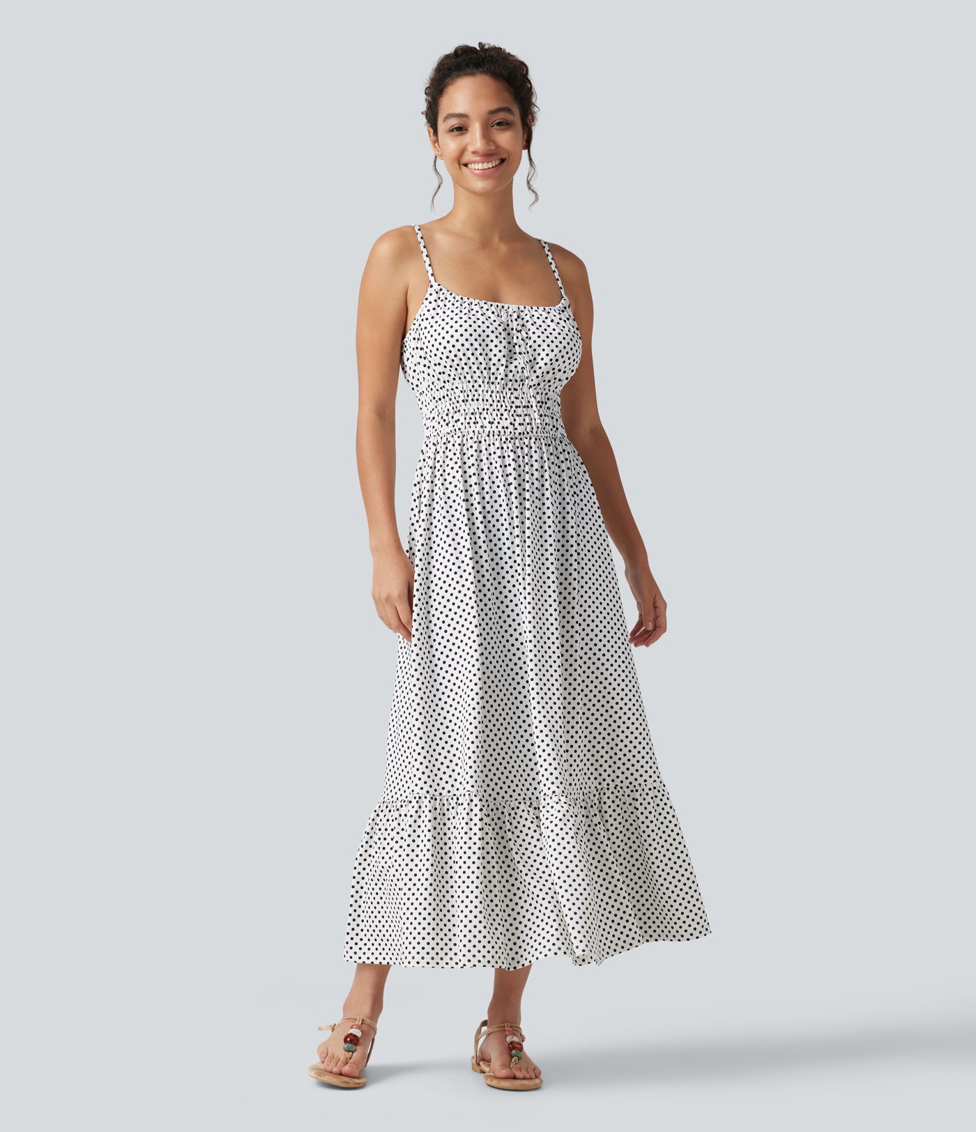 Tie Front Polka Dot Flowy Midi Casual Slip Dress Tie Front Polka Dot Flowy Midi Casual Slip Dress