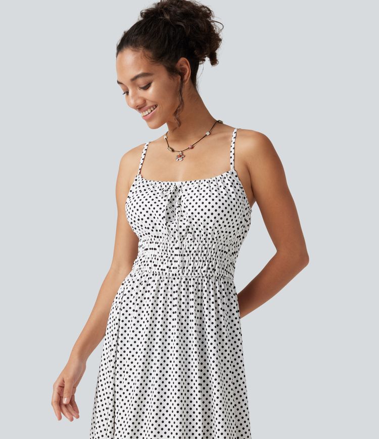 Tie Front Polka Dot Flowy Midi Casual Slip Dress Tie Front Polka Dot Flowy Midi Casual Slip Dress