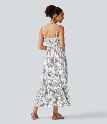 Tie Front Polka Dot Flowy Midi Casual Slip Dress Tie Front Polka Dot Flowy Midi Casual Slip Dress