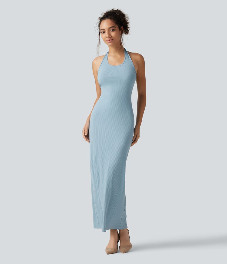 Figurbetontes Midikleid aus geripptem Strick mit Neckholder Figurbetontes Midikleid aus geripptem Strick mit Neckholder