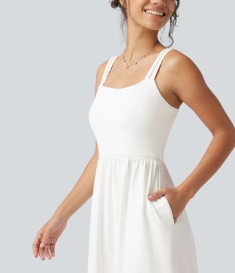 Square Neck Cut Out A-Line Flowy Midi Resort Tank Dress with Pockets