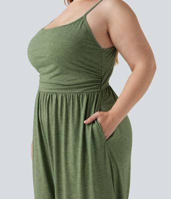 Plus Size Built-in Bra Ruched Wide Leg Heathered Casual Jumpsuit with Pockets-Easy Peezy Edition
