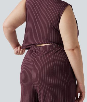 Plus Size Deep V Neck Built-in Bra Sleeveless Ruched Cool Touch Stripe Work Jumpsuit with Pockets-Easy Peezy Edition