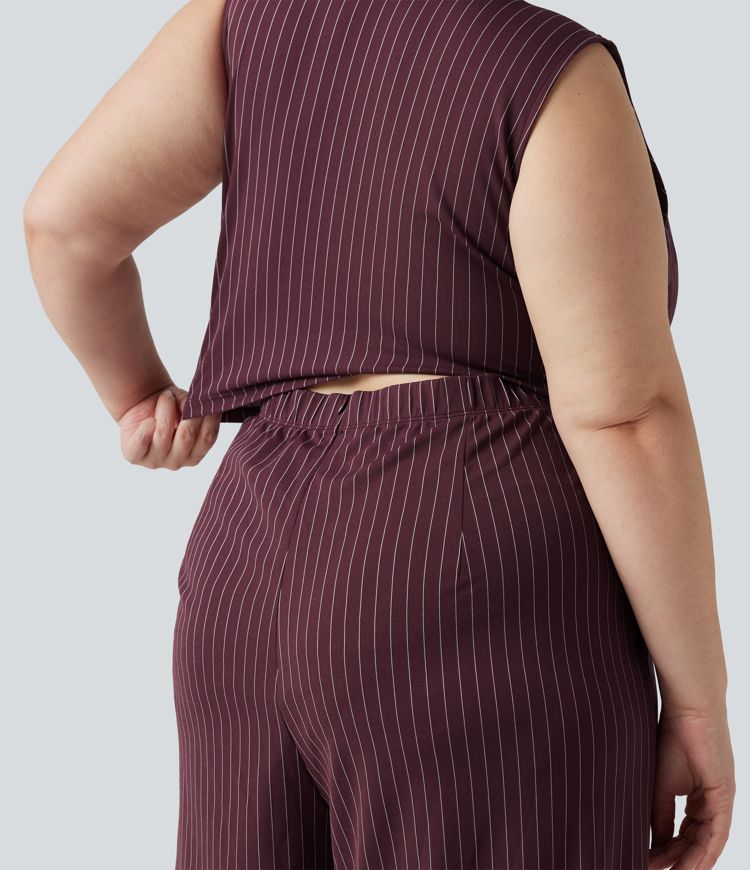 Plus Size Deep V Neck Built-in Bra Sleeveless Ruched Cool Touch Stripe Work Jumpsuit with Pockets-Easy Peezy Edition