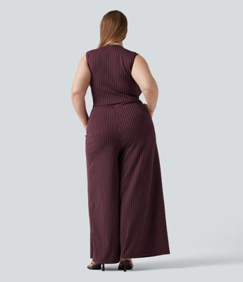 Plus Size Deep V Neck Built-in Bra Sleeveless Ruched Cool Touch Stripe Work Jumpsuit with Pockets-Easy Peezy Edition