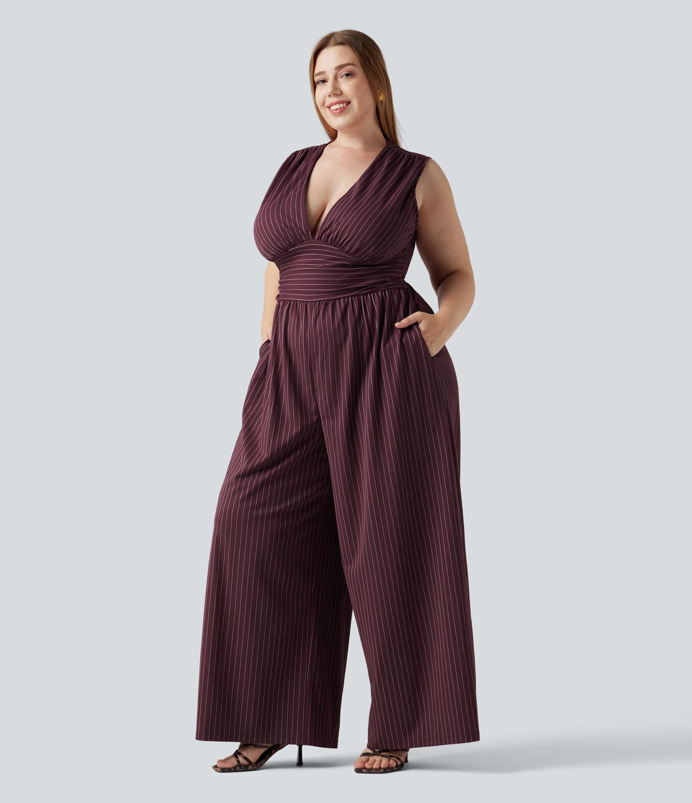 Plus Size Deep V Neck Built-in Bra Sleeveless Ruched Cool Touch Stripe Work Jumpsuit with Pockets-Easy Peezy Edition