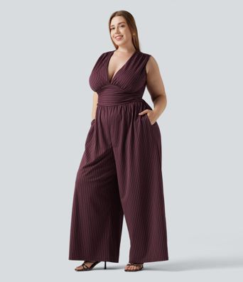 Plus Size Deep V Neck Built-in Bra Sleeveless Ruched Cool Touch Stripe Work Jumpsuit with Pockets-Easy Peezy Edition